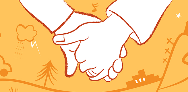 Illustration som visar två personer som håller varandra i händerna.
