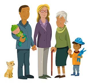 Illustration föreställande en hund, en man och kvinna som håller varandra i händerna. Mannen håller en bebis i famnen. På bild finns också en äldre kvinna som håller en pojke i handen.