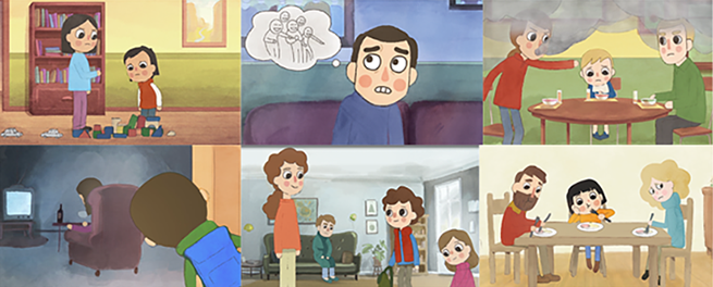 Tecknade bilder som visar familjer i olika situationer.