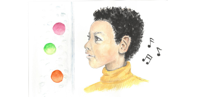 Illustration som visar en pojke som ser bollar och hör musik