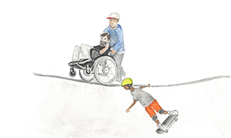 En ung man blir körd i rullstol och ett barn åker skateboard