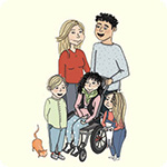 Illustration som visar en mamma och pappa och tre barn. Den ena dottern sitter i rullstol och den andra dottern håller i en katt.