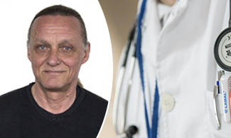 Porträttbild på Jukka Piippo och en närbild på en läkarrock.